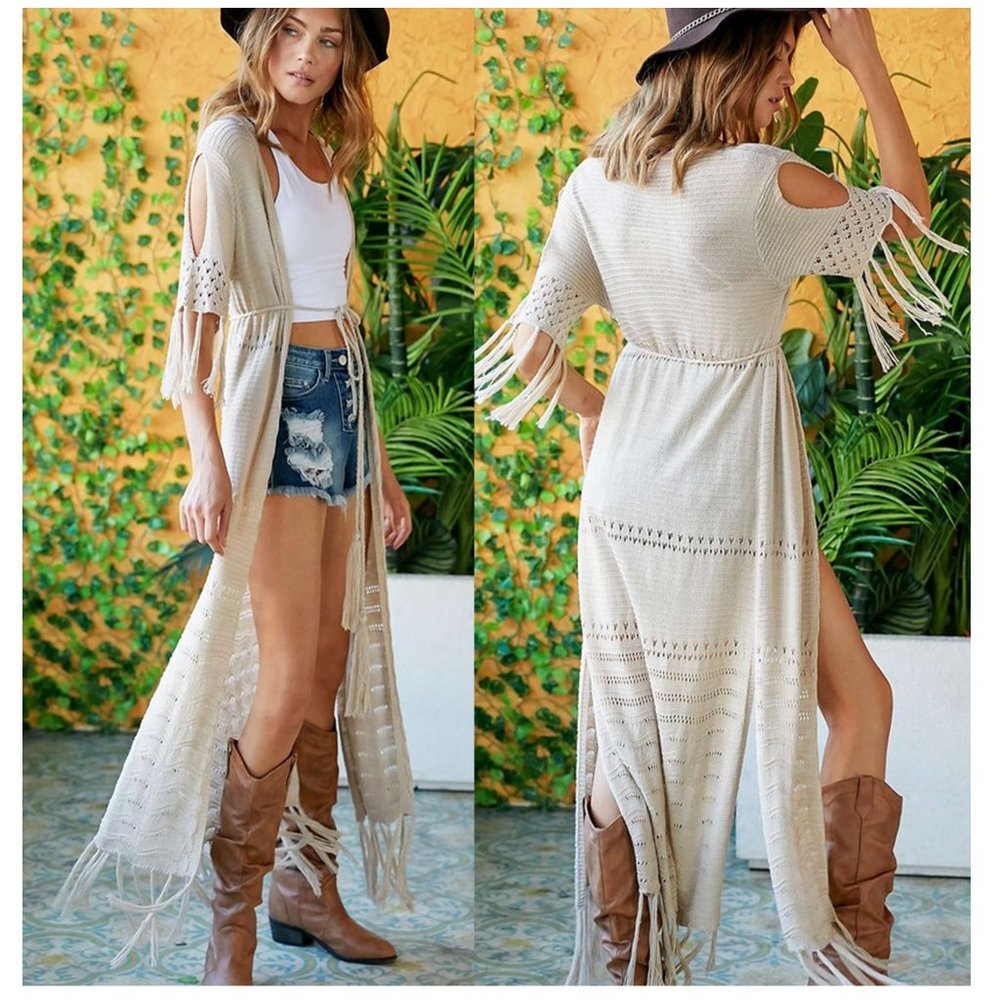 Beige Cold Shoulder Long Fringed Bohemian Cardigan Duster Kimono
